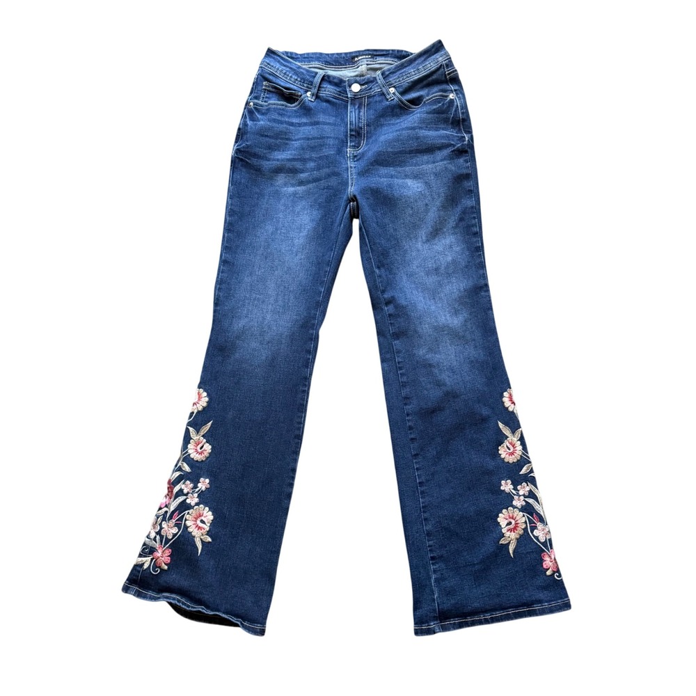 Flamingals Floral Embroidered Flare Jeans Dark Wash Blue, M